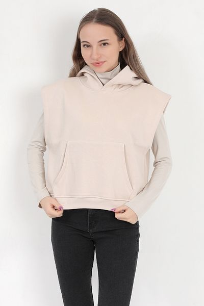 GİYSA Women's Beige Sleeveless Hooded Kangaroo Pocket Oversize 3 Thread Sweatshirt Hoodie - 2522