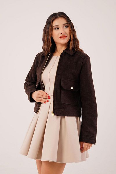 Hipo Trend Coffee Stamp Soft Jacket with Gold Zipper