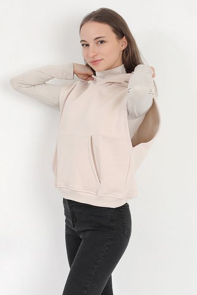 GİYSA Women's Beige Sleeveless Hooded Kangaroo Pocket Oversize 3 Thread Sweatshirt Hoodie - 2522
