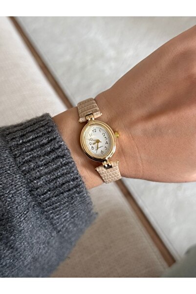 RoseandRoses Bressa Minimal Vintage Pattern Leather Strap Wrist Watch - Cream