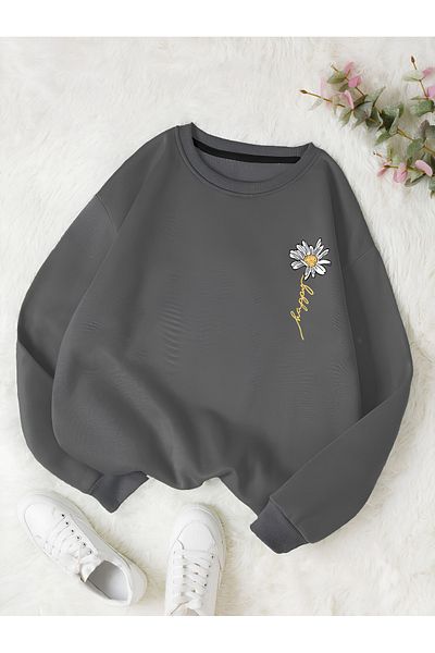 Revasser Women's Happy Daisy Special Colorful Oversize Crew Neck Cotton Sweatshirt