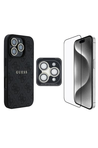 Guess iPhone 16 Pro Max Uyumlu Lisanslı 3in1 Aksesuar Seti Kılıf + Ekran ve L...
