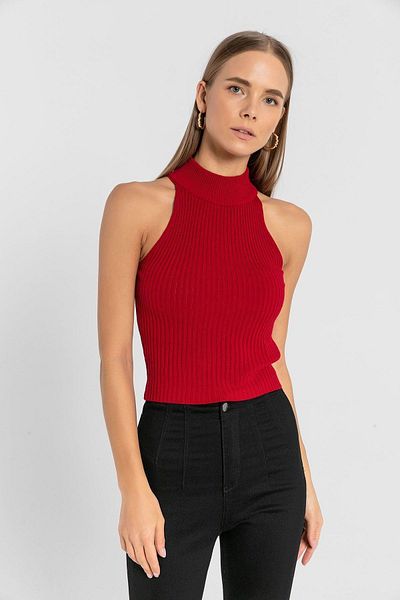 Miss Poem Women's Turtleneck Turtleneck Sleeveless Short Red Knitwear Crop