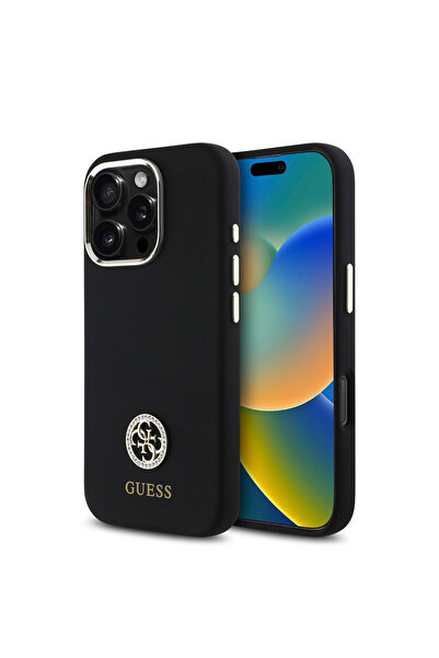 Guess iPhone 16 Pro Max Uyumlu Kılıf Guess Lisanslı Yazı ve Taşlı 4G Logo Met...