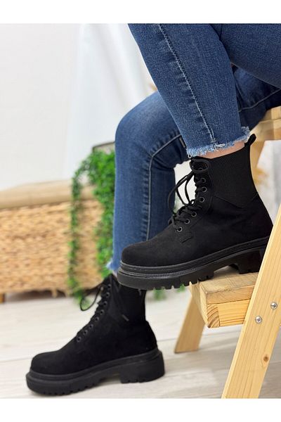 ayakkabiyolla Black Side Elastic Lacing Detailed Thick Sole Suede Boots