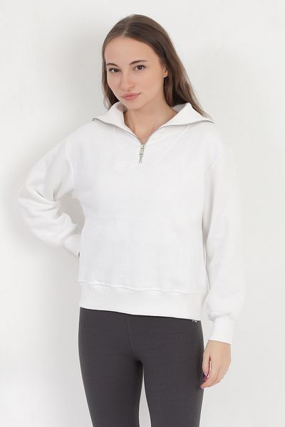 GİYSA Women's White Cotton Half Zipper 3 Thread Raised Sweatshirt - 2512