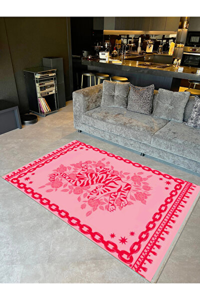 Rugs Modern Halı Yılmaz Koleksiyonu Pembe Kırmızı Zincir ve Çiçek Detaylı Kap...