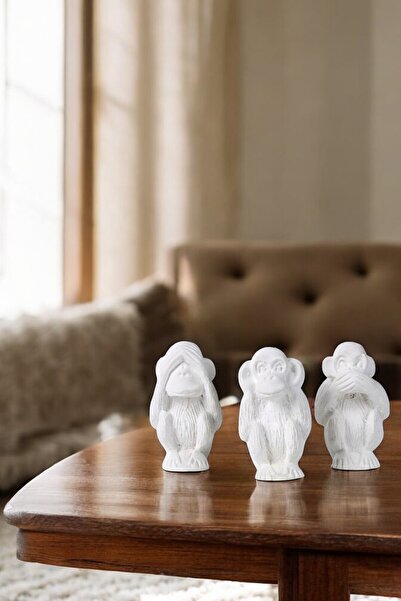Evene Biblo Dekoratif Obje Heykel Üç Maymun Biblo Dekoratif Süs Eşyası Beyaz Model 32