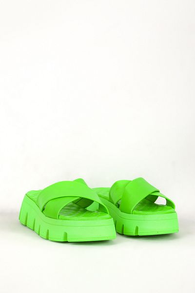 Dericlub Γυναικείες παντόφλες Green Highlighter Real Leather - Χοντρή σόλα και χιαστί Zy 7658