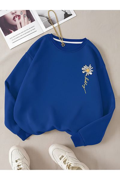 Revasser Γυναικείο βαμβακερό φούτερ HAPPY Daisy Special πολύχρωμο Oversize Crew Neck