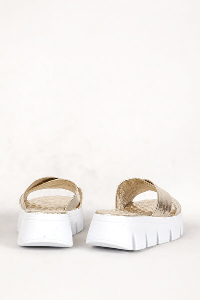 Dericlub Γυναικείες παντόφλες από γνήσιο δέρμα - Χοντρή σόλα, χιαστί, Zy 7658 Gold