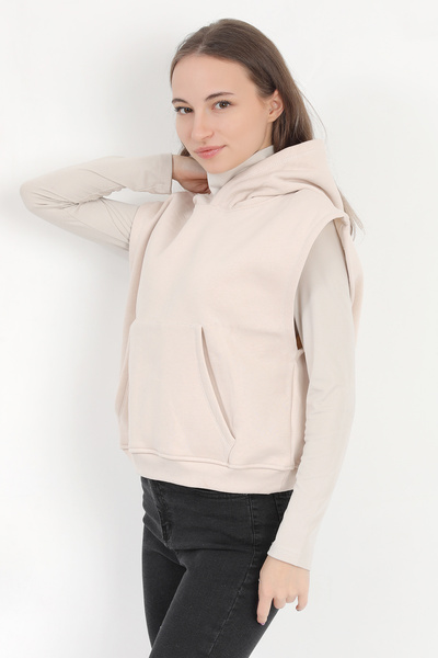 GİYSA Women's Beige Sleeveless Hooded Kangaroo Pocket Oversize 3 Thread Sweatshirt Hoodie - 2522