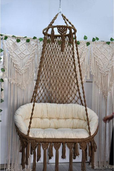 ALTINOLUK HAMAK Lüks Makrome Salıncak Bahçe Balkon Salıncağı Minderli ( Kahve...