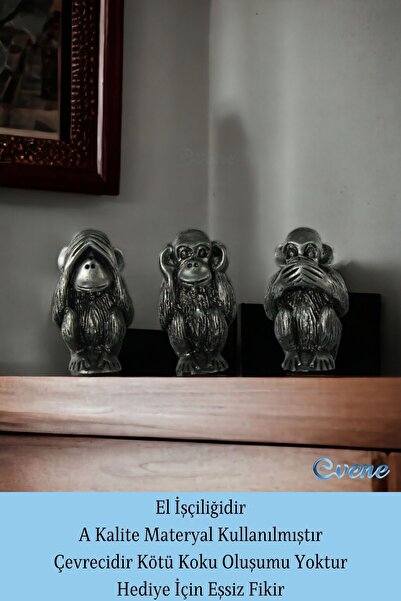 Evene Biblo Dekoratif Obje Heykel Üç Maymun Biblo Dekoratif Süs Eşyası Gümüş Eskitme Renk Model 32
