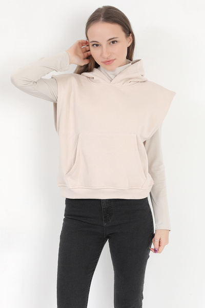 GİYSA Women's Beige Sleeveless Hooded Kangaroo Pocket Oversize 3 Thread Sweatshirt Hoodie - 2522