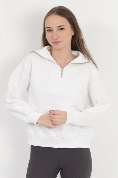 GİYSA Women's White Cotton Half Zipper 3 Thread Raised Sweatshirt - 2512
