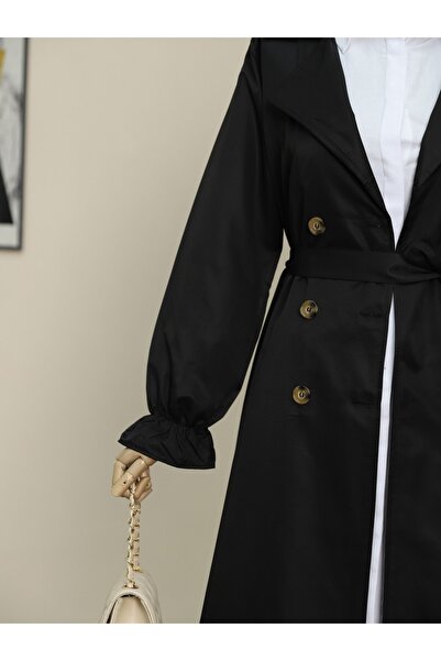 Modamorfo Trenchcoat mit doppelter Knopfmanschette und elastischer Taille – Schwarz