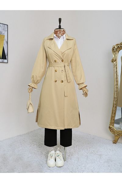 Modamorfo Trenchcoat mit doppelter Knopfmanschette und elastischer Taille – helles Nerz