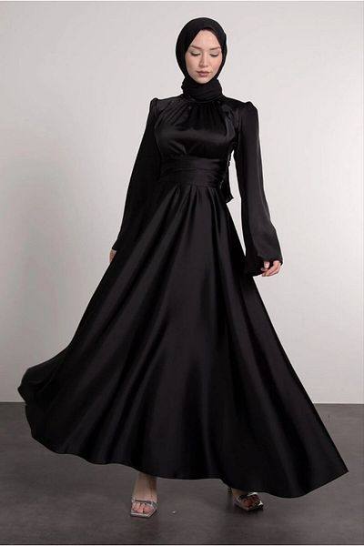 BestShopping Bat Sleeve Satin Evening Dress with Tie Waist