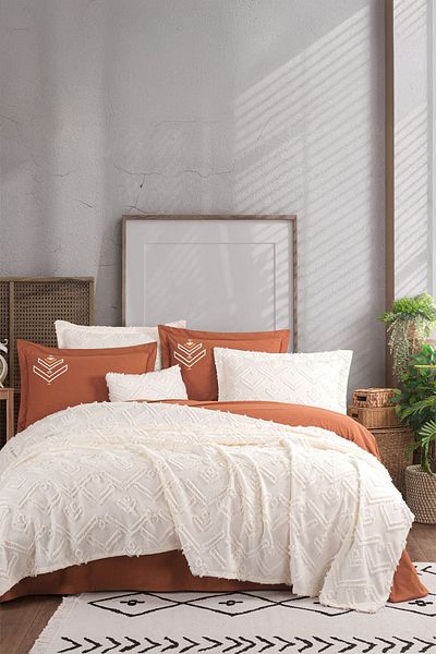 TEKSTİLDENİZİ Good Night Istanbul Aztec Cream Double 100% Cotton Bedspread Set
