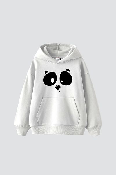 Sekizbiraltı White Pand Printed Oversize Unisex Premium White Hoodie