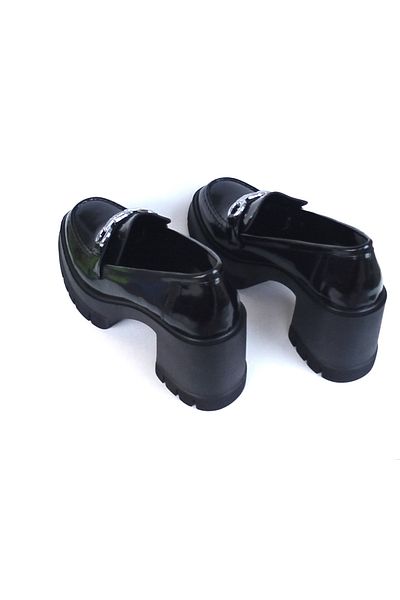 TREND Black Patent Leather High Sole Loafer - Buckle Shoes