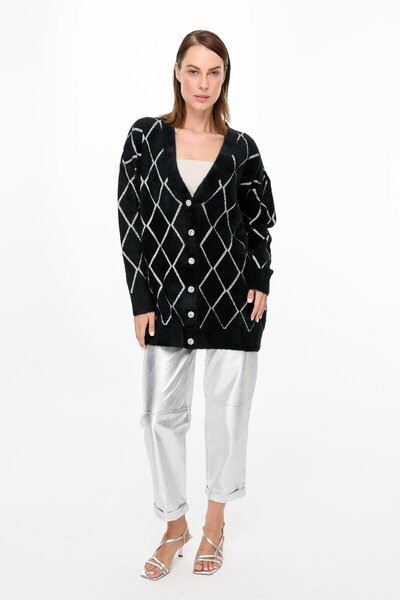 accort Baklava Desenli Triko Hırka-SİYAH