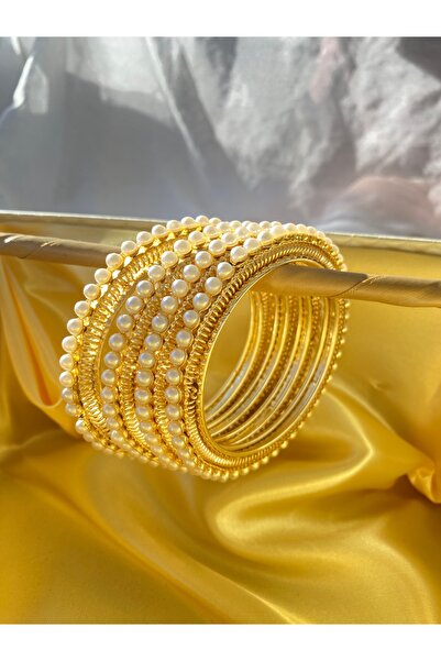 Home Altın Renkli ve Beyaz İnci İşlemeli Moti Gokru Bilezik Seti – 4'lü Set