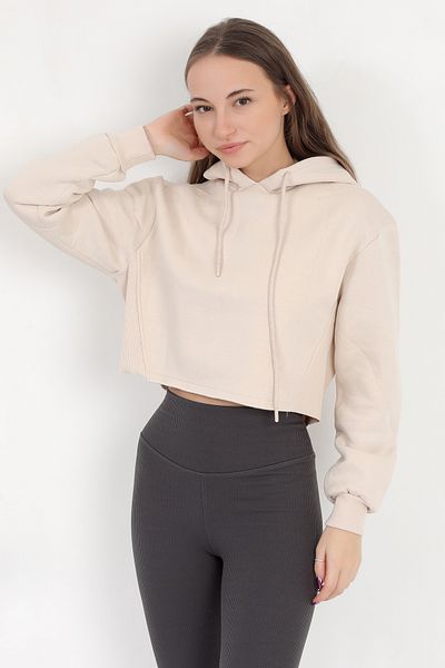 GİYSA Beige Oversize Crop Sweatshirt with Hood - Rib Detail, Three Rope Hoodie - 2543