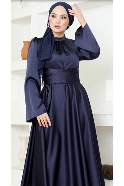 BestShopping Bat Sleeve Satin Evening Dress with Tie Waist
