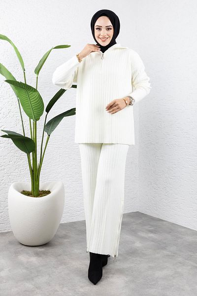 Tesettür Dünyası White Zippered Knitwear Set - Tsd 240950