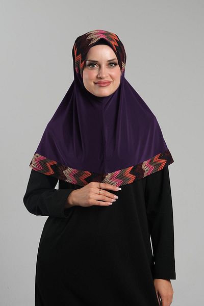 HÜRREM BONE Πρακτικό έτοιμο κασκόλ Hijab Plum - Διχτυωτό με μοτίβο σε άμμο 2401_07