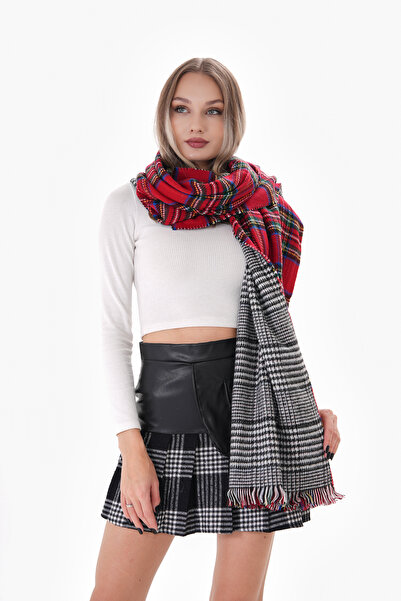 Ritagarcia Çift Taraflı Yumuşak Dokulu Kırmızı Şal Atkı