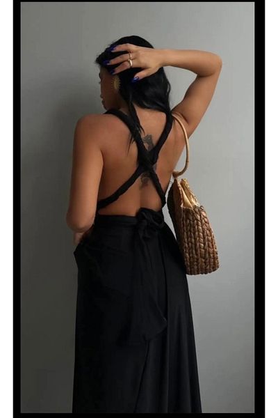 neslihansarıca Black Dress,Black Tie Back Low-Cut Black Dress