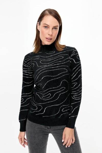 accort İp Desenli Yumoş Triko Kazak-SİYAH