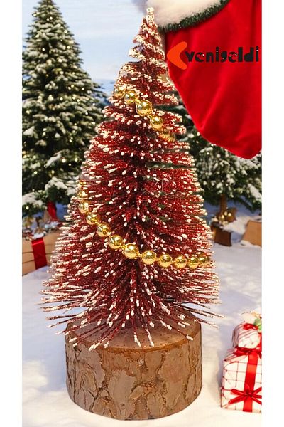 Yenigeldi Red 10 cm Snow Effect Small Christmas Tree - Decorative Pine Tree with Golden Ball Decoration T-37