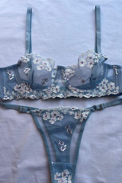 Rubuvi Daisy Women - Set de sutien și chiloți din tul din dantelă cu imprimeu floral