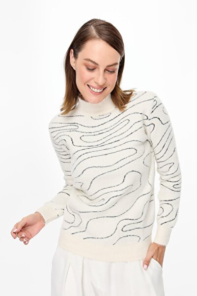accort İp Desenli Yumoş Triko Kazak-EKRU