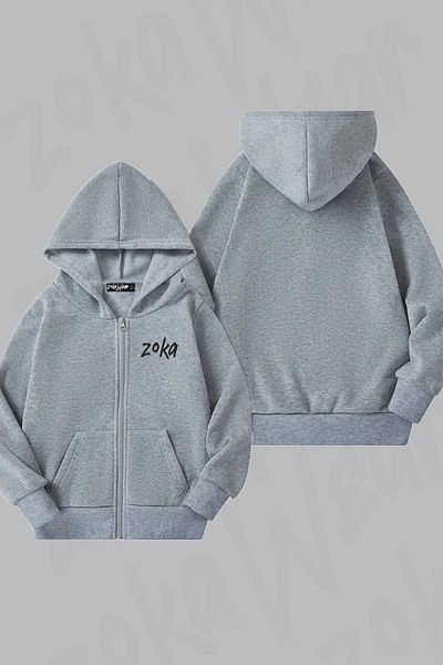ZOKAWEAR Φούτερ Zoka Printed Grey Hooded με φερμουάρ - 2 κλωστές