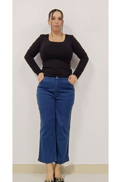 AKŞEN GİYİM ȚESĂ DENIM DE COTON DE MĂRIME MARE TALIE ÎNALTĂ PANTALONI CAPRY CU LICRA BOL