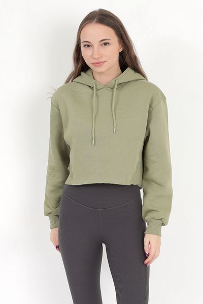 GİYSA Green Oversize Hooded Crop Sweatshirt - Rib Detail, Hoodie - 2543