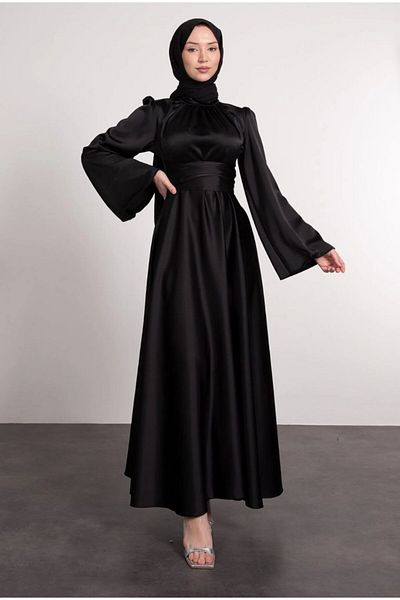 BestShopping Bat Sleeve Satin Evening Dress with Tie Waist