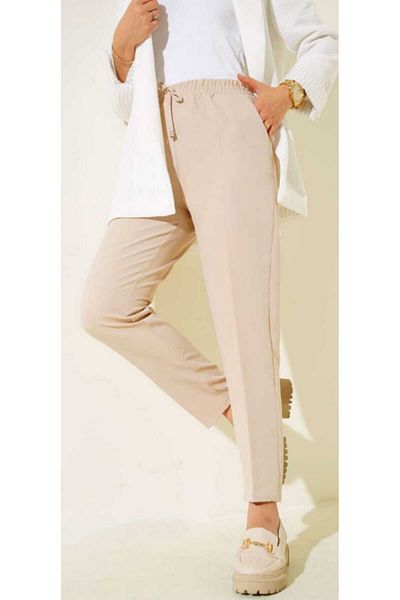 BURCE Elastic Waist Lace Detailed Modern Cut Slim Leg Trousers