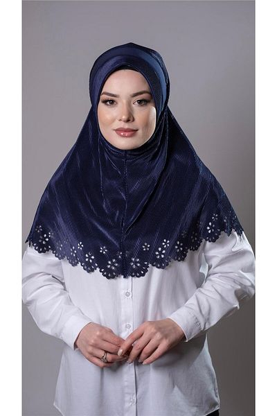 HÜRREM BONE Navy Blue Practical Ready-Made Hijab Κασκόλ Fukuro Πανί Πλισέ με λουλουδάτο μοτίβο κοπής με λέιζερ 1829_02