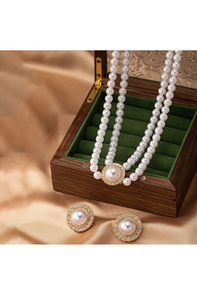 maia Altın Rengi 2’li İnci Takı Seti – 2 Sıra Kolye + Küpe