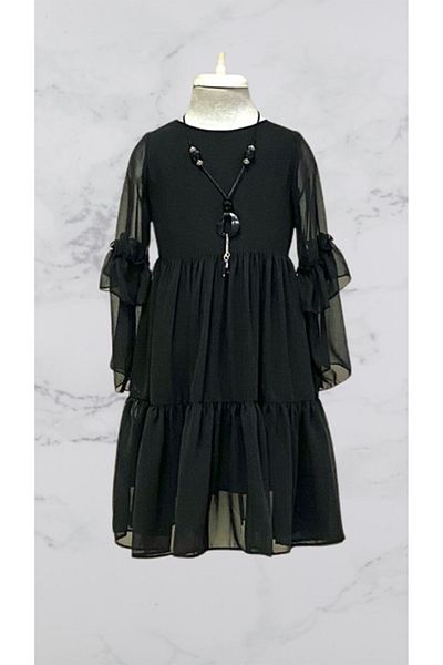 Elayza Black Chiffon Dress for Girl - Drawstring, Ruffle and Lining (Necklace Is a Gift.)