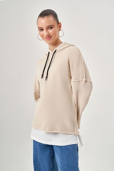 Mizalle Hooded Garnished Beige Sweatshirt