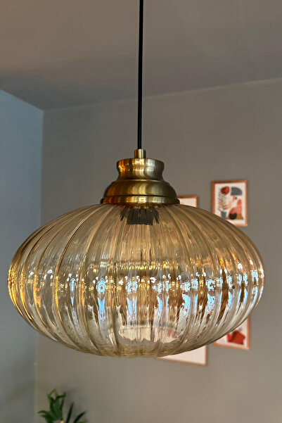 Bamyum Elegant Cam Tekli Bal Rengi Avize Eskitme Kum Saati Başlık Sarkıt Lamba Restoran Salon Aydınlatma