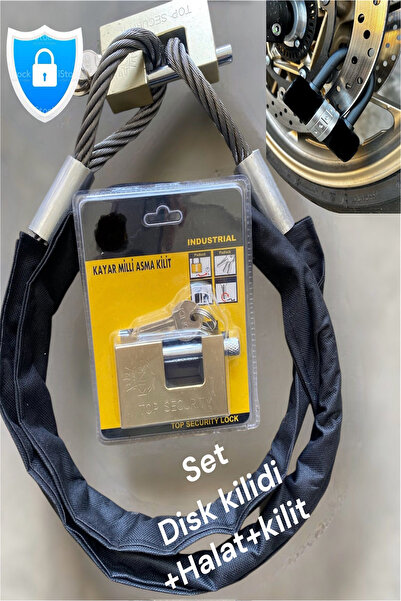PADRİ 3'lü Motosiklet Kilitleme Seti (2 METRE 14 MM KESİLMEZ ÇELİK HALAT ZİNC...