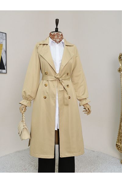 Modamorfo Trenchcoat mit doppelter Knopfmanschette und elastischer Taille – helles Nerz